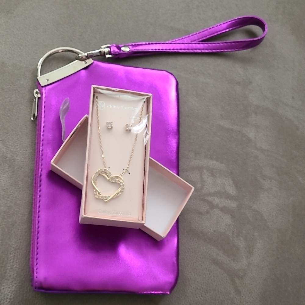 Purple Wristlet 💜 Gold Heart Necklace Stud Earring Set Cubic Zirconia Daisy Lux